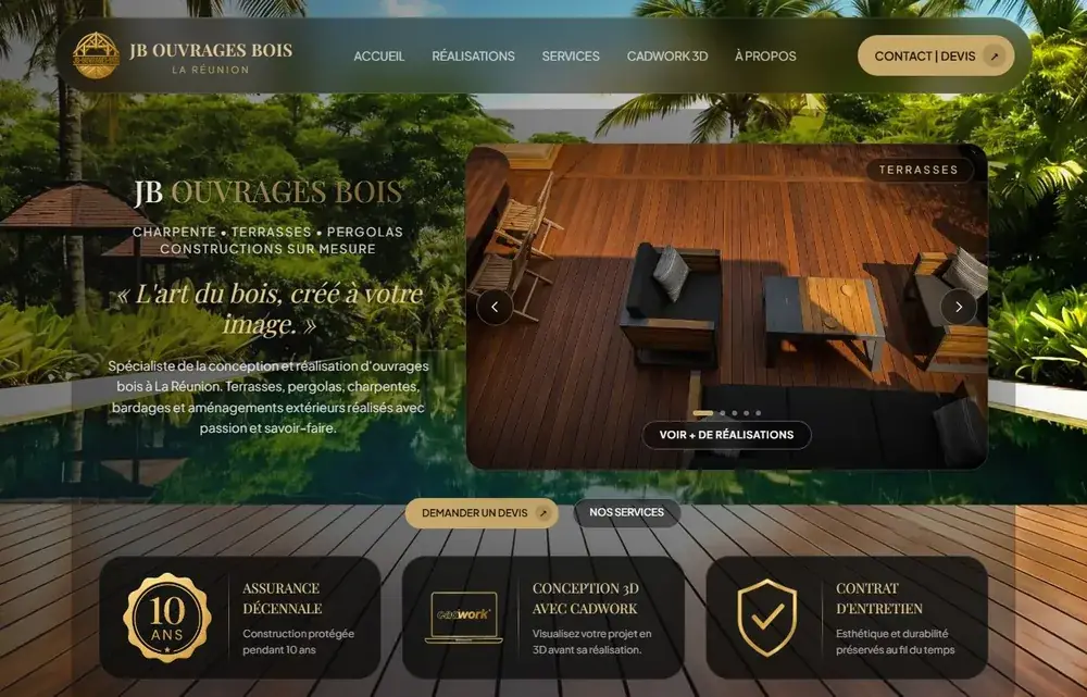 Page d'accueil du site JB Ouvrages Bois : en-tête, slider de réalisations et réassurances