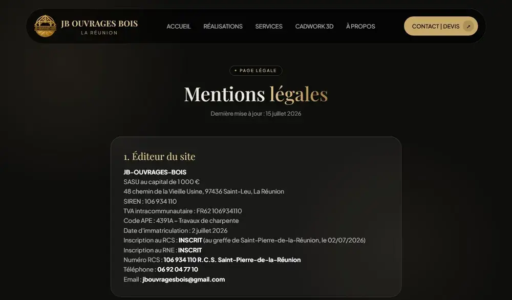 Page de mentions légales du site JB Ouvrages Bois, rédigée sur mesure